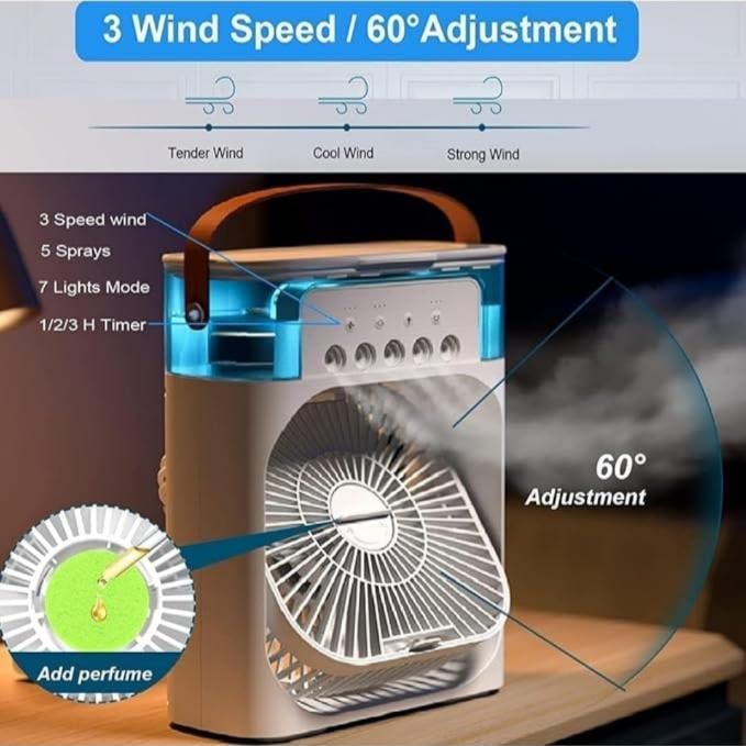 Mini cooler fan with 60-degree adjustment and 3 wind speed levels for personal use
